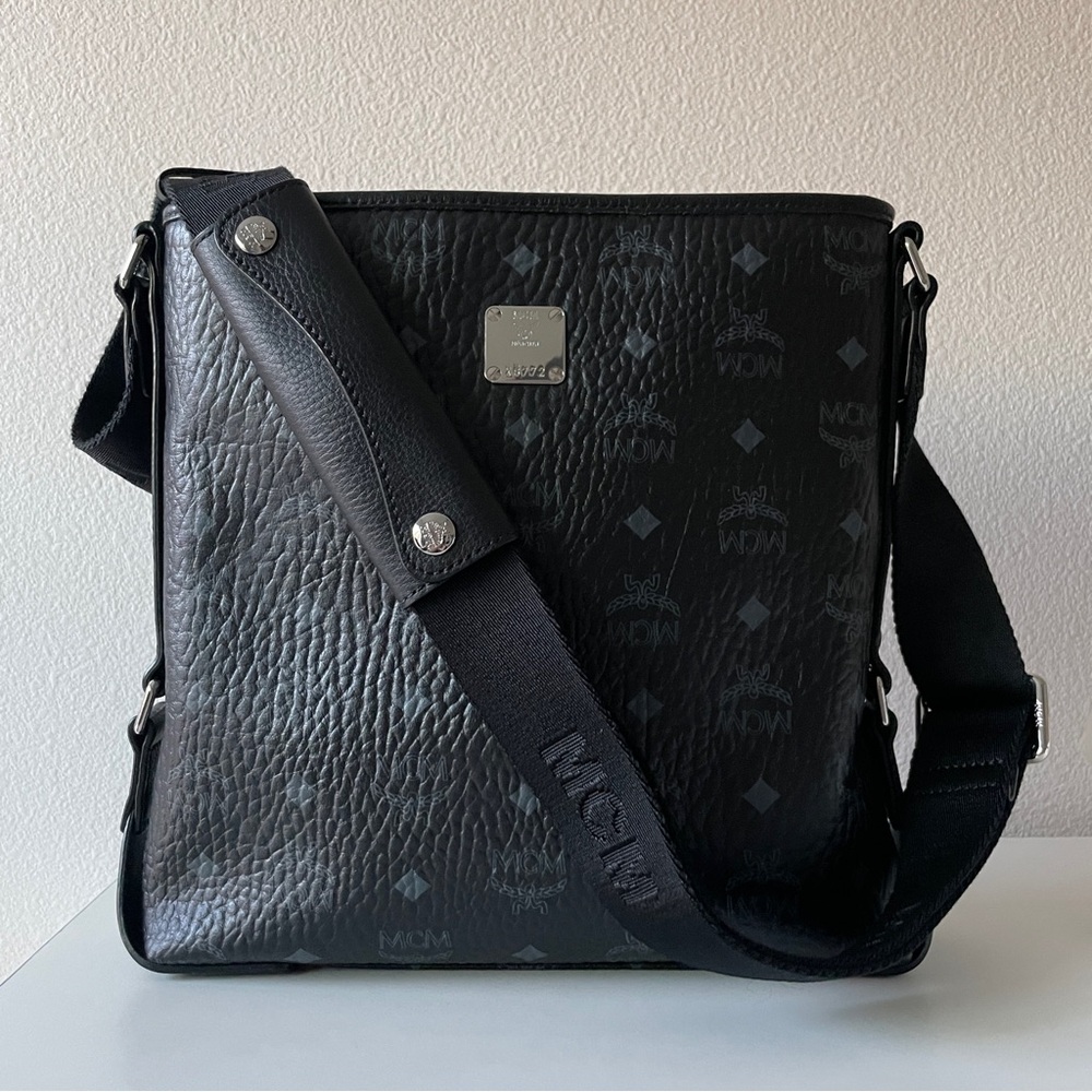 MCM Black Monogram Leather Visetos Messenger Bag